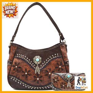 Tooled Leather Floral Hobo Shoulder Bag With Wallet Set Western Cowgirl